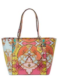 Kleurvolle tote bag met een glanzende afwerking. Heeft een patroon van kettingen en bloemmotieven in roze, oranje, blauw en geel. Inclusief dubbele handvatten.