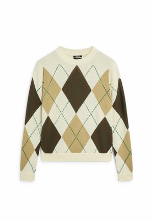 Pullover mit Rundhalsausschnitt und Argyle-Rautenmuster in Beige, Braun und Weiß sowie grünen diagonalen Nähten, langärmlig, mit gerippten Bündchen an Ärmeln und Saum.