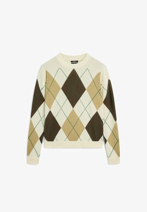 Pullover mit Rundhalsausschnitt und Argyle-Rautenmuster in Beige, Braun und Weiß sowie grünen diagonalen Nähten, langärmlig, mit gerippten Bündchen an Ärmeln und Saum.