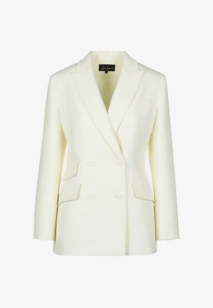 Blazer de corte cruzado en blanco roto, con solapa de muesca, dos bolsillos frontales y un ajuste estructurado. Fabricado en una tela suave y texturada.
