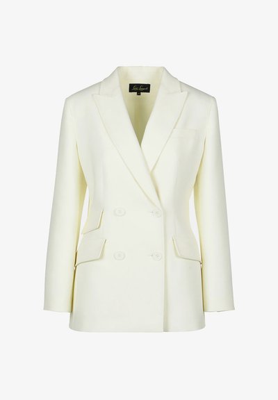 Kétgombos blézer törtfehér színben, elfordított gallérral, két elülső zsebbel és struktúrált fazonnal. Simára és textúrált anyagból készült.