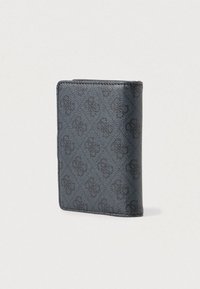 Carteira de couro sintético azul escuro com padrão em relevo, formato retangular e costura fina. Sem hardware ou acentos visíveis.