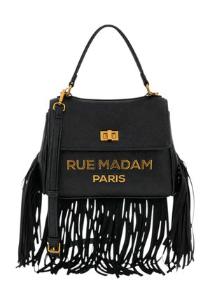 Borsa a mano in pelle nera con chiusura dorata, dettagli con lunghe frange e "RUE MADAM PARIS" stampato in lettere dorate sul davanti.