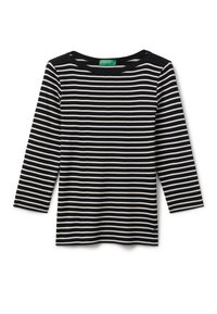 Czarna i biała w paski koszula z długim rękawem i okrągłym dekoltem. Wykonana z miękkiego materiału, z równomiernie rozmieszczonymi poziomymi paskami.