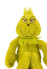 Green plush toy with fluffy texture, oversized head, mischievous eyes, and a tuft of hair on top, depicting a character with a smirk.