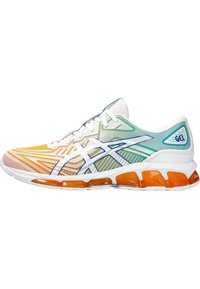 Running shoe with a mesh upper transitioning from orange to green, featuring white accents and an orange gel sole for cushioning.
