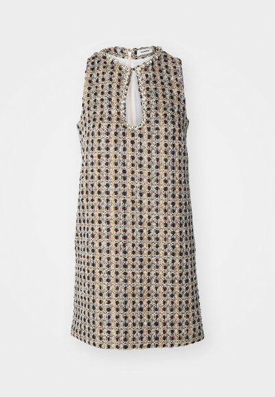 Ärmelloses Kleid aus gewebtem Stoff mit einem gemusterten Design in Grau, Gold und Schwarz. Mit Schlüsselloch-Ausschnitt und einem Reißverschluss auf der Rückseite.