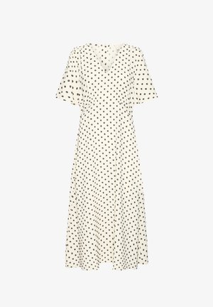 Biele midi šaty s čiernymi bodkami, výstrih do V, krátke rukávy a mierne rozšírená sukňa.