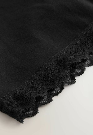 Black fabric with a scalloped lace trim at the bottom, featuring a fine mesh texture and delicate floral pattern along the edge.