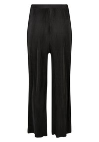 Pantalon large noir à texture côtelée verticale avec taille élastique, présenté de face sur un fond blanc.