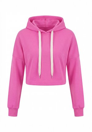 Sweat à capuche court rose avec manches longues et cordons blancs sur la capuche, présenté sur fond blanc.