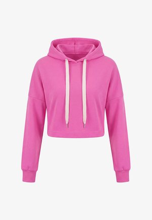 Różowa krótka bluza z kapturem z długimi rękawami i białymi sznurkami na kapturze, wyświetlona na białym tle.