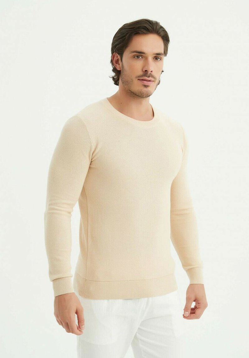 Pull en maille de couleur beige clair, à manches longues, col rond et poignets côtelés. Porté avec un pantalon blanc, présentant une surface texturée.