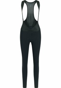 Čierne cyklistické nohavice s šľachmi a všitou podložkou na sedadlo, s priliehavým strihom. Obsahujú popruhy na bezpečné nosenie, bez vzorov.