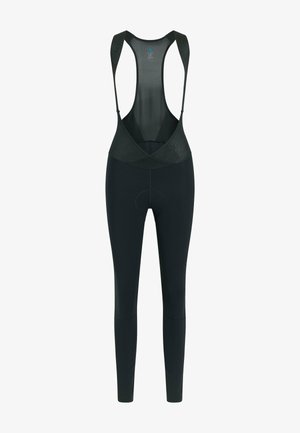 Schwarze Fahrradhosen mit Trägershirt, gepolstertem Sitzbereich und enganliegendem Design. Verfügt über Träger für sicheren Sitz, keine Muster.