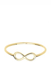 Goldbeschichtetes Drahtarmband mit einem Unendlichkeitssymbol in der Mitte, glatter Textur und einem dünnen, abgerundeten Band.