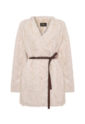 Faux fur robe i cremede beige med sjalkrave. Har et brunt bælte med knude i taljen og lange, brede ærmer. Blød tekstur hele vejen igennem.