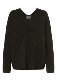 Dunkelgrüner V-Ausschnitt-Pullover aus weichem, strukturiertem Material. Mit langen Ärmeln und einer lässigen Passform sowie einem kleinen logierten Detail am Saum.