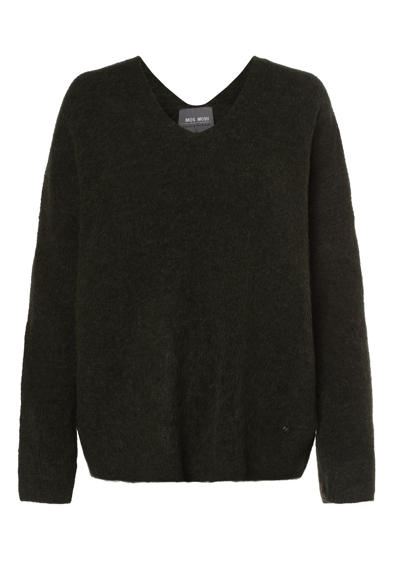 Dunkelgrüner V-Ausschnitt-Pullover aus weichem, strukturiertem Material. Mit langen Ärmeln und einer lässigen Passform sowie einem kleinen logierten Detail am Saum.