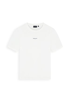 White short-sleeve t-shirt with round neckline and small blue "BALLIN'" logo centered on the chest.