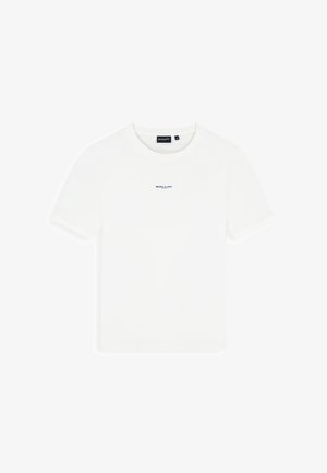 White short-sleeve t-shirt with round neckline and small blue "BALLIN'" logo centered on the chest.