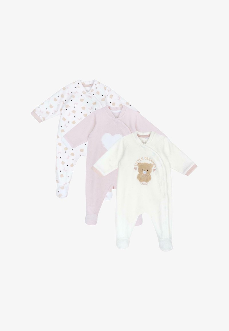 Sada tří dětských pyžam: jedno s potiskem medvídků v jemných pastelových barvách, jedno jednobarevné růžové se srdíčkem a jedno bílé s textem "Malý snílek".