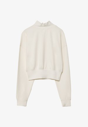 Krótkia bluza w kolorze off-white, z długimi rękawami, wysokim kołnierzem i prążkowanymi mankietami. Gładka tekstura z minimalnymi zdobieniami.