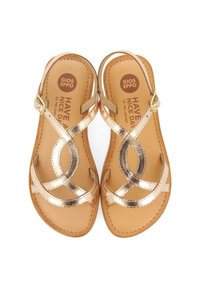 Sandali con fascia incrociata in materiale sintetico rosa dorato lucido, con una confortevole soletta beige e chiusura con fibbia.