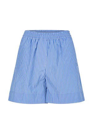 Pantalones cortos azules con rayas verticales blancas y una cintura elástica, mostrados sobre un fondo blanco.