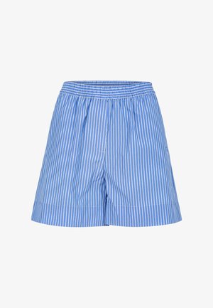 Pantalones cortos azules con rayas verticales blancas y una cintura elástica, mostrados sobre un fondo blanco.