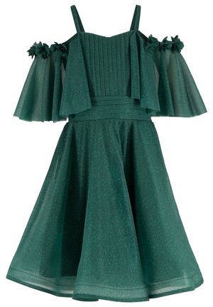 Vestido verde brillante con mangas off-the-shoulder, cuerpo plisado, falda acampanada y acentos florales. Hecho de tejido ligero.