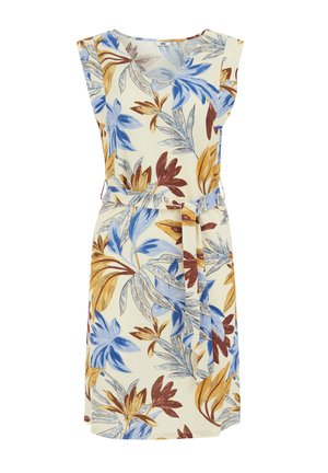 Floral dress with a v-neck, short sleeves, and a belted waist. Features a cream background with blue, brown, and yellow leaf patterns.
