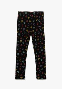Svarta leggings med ett färgglatt hjärt-mönster i rött, gult, blått och purple. Tillverkade av ett stretchigt tyg med en åtsittande passform.
