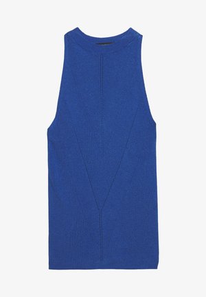 Top a maglia senza maniche di colore blu reale con collo alto rotondo e delicato motivo geometrico a rilievo sul davanti.