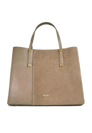 Taupe shopper met twee gestructureerde handvatten, een combinatie van gladde en slangenhuidpatroonpanelen, gebrandmerkt met kleine gouden tekst "Dune London".