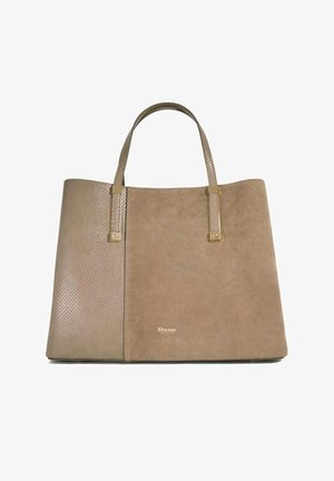 Sac fourre-tout taupe avec deux poignées texturées, combinant des panneaux lisses et à motif serpent, marqué d'un petit texte doré "Dune London".