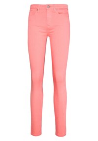 Růžové skinny džíny vyrobené z denimu, s klasickým zapínáním na knoflík a zip, pěti kapsami a těsným střihem po celé délce nohavic.