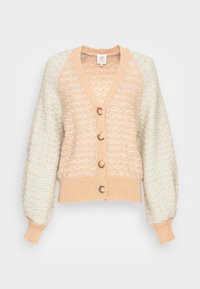 Sweter rozpinany na guziki z dzianiny, z dekoltem w serek, drewnianymi guzikami i teksturowanym wzorem. Bloki kolorów w odcieniach brzoskwini i mięty. Długie, bufiaste rękawy.