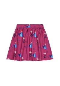 Falda acampanada rosa con cintura elástica, que presenta personajes impresos y patrones florales en tonos azules, blancos y púrpuras oscuros.