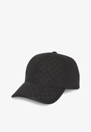 Cappellino da baseball nero con motivo geometrico discreto, visiera curva e bottone sulla parte superiore, mostrato su sfondo bianco.