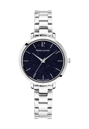 Orologio in acciaio inossidabile argentato con quadrante rotondo blu navy glitterato, indicatori delle ore argentati e design a bracciale a maglie. Presenta l'incisione del nome del marchio.