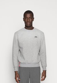 Grå sweatshirt lavet af blødt stof, med rund hals, ribbede manchetter og kant, med et lille sort logo på brystet og et rødt mærkat på siden.