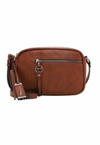Brown faux leather crossbody bag with a textured finish, silver zipper, and adjustable strap. Features a front zippered pocket and logo detail.