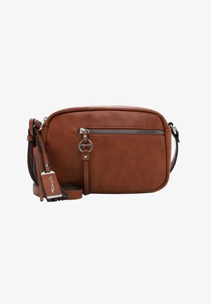 Braune Kunstleder-Crossbody-Tasche mit strukturierter Oberfläche, silbernem Reißverschluss und verstellbarem Tragegurt. Ausgestattet mit einer vorderen Reißverschlusstasche und Logodetails.