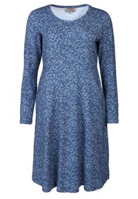 Langärmliges Kleid aus blauer Stoff mit floralen Mustern in Weiß. A-Linie Form mit rundem Ausschnitt und Taschen an den Seiten.