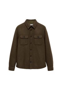 Brązowa koszula-kurtka z mieszanki wełny z kołnierzykiem, zapięciem na guziki i dwoma kieszeniami na piersi. Charakteryzuje się gładką fakturą oraz klasycznym wzornictwem.