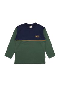 Long-sleeve t-shirt in dark green and navy, featuring a horizontal tan stripe and a patch. Made from soft fabric with a crew neck.