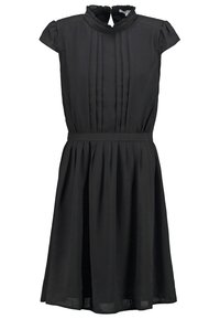 Robe noire à manches courtes avec devant plissé, col haut volanté, taille cintrée et jupe trapèze longueur genou.