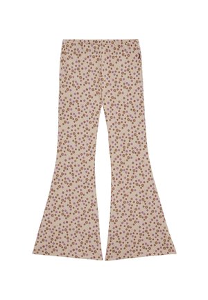 Beige flared bukser med lille brun og lilla blomstermønster, elastisk taljebånd og vide ben.