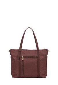 Borsa tote color bordeaux con superficie testurizzata, accessori in oro, tasca frontale con zip e doppi manici per un facile trasporto.